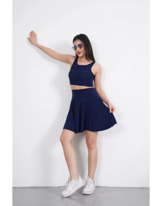 endy Kumaş Bisiklet Yaka Crop Şortlu Etek Ikili Takım  acivert