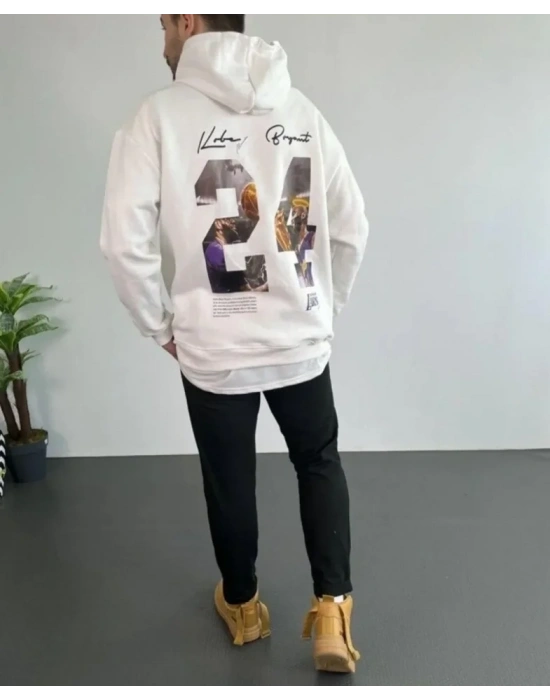 Erkek 24 ırt Baskılı Ovresize Üç İplik Kapüşonlu weatshirt  Beyaz