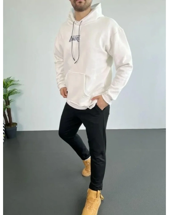 Erkek 24 ırt Baskılı Ovresize Üç İplik Kapüşonlu weatshirt  Beyaz