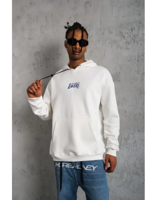 Erkek 24 ırt Baskılı Ovresize Üç İplik Kapüşonlu weatshirt  Beyaz