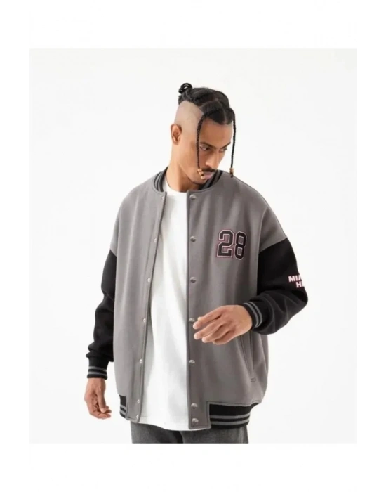 Erkek 28 Baskılı Oversize Üç İplik Kolej Ceket  Füme