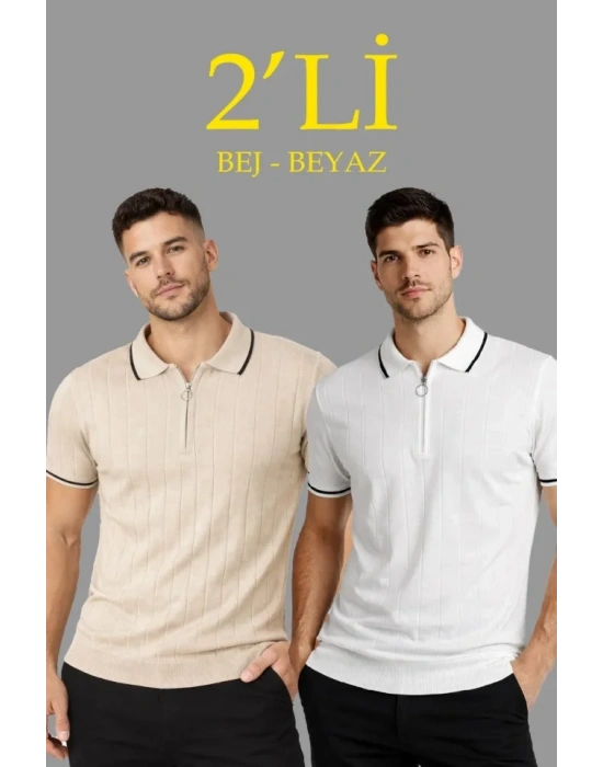 Erkek 2’li Paket Dokuma Triko  Fermuarlı Yakalı Fitilli Kısa Kollu Regular Fit Tişört  Bej  Beyaz