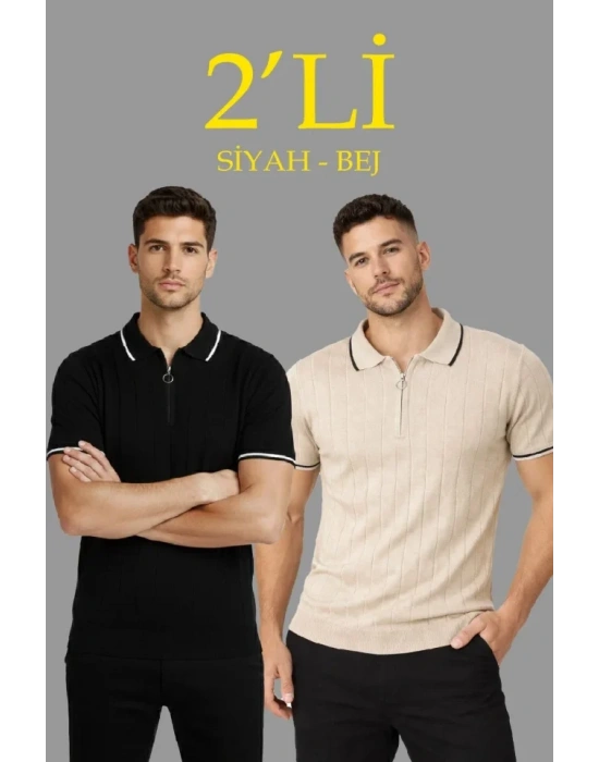 Erkek 2’li Paket Dokuma Triko  Fermuarlı Yakalı Fitilli Kısa Kollu Regular Fit Tişört  Bej  iyah