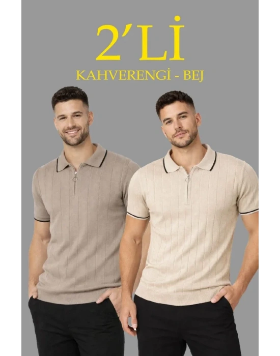 Erkek 2’li Paket Dokuma Triko  Fermuarlı Yakalı Fitilli Kısa Kollu Regular Fit Tişört  Bej  Kahverengi