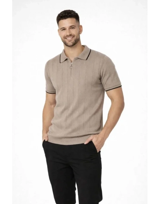 Erkek 2’li Paket Dokuma Triko  Fermuarlı Yakalı Fitilli Kısa Kollu Regular Fit Tişört  Bej  Kahverengi