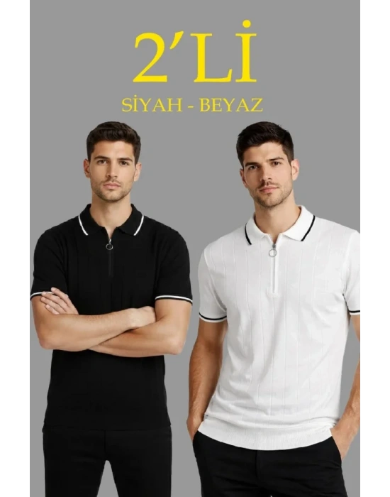 Erkek 2’li Paket Dokuma Triko  Fermuarlı Yakalı Fitilli Kısa Kollu Regular Fit Tişört  Beyaz  iyah