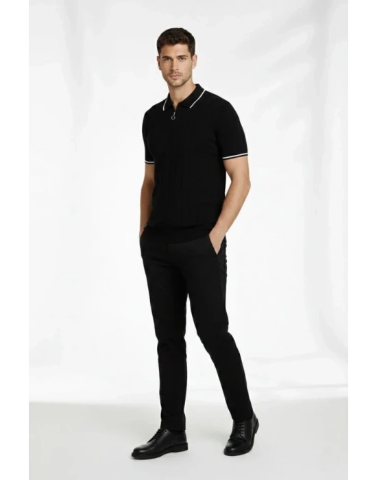 Erkek 2’li Paket Dokuma Triko  Fermuarlı Yakalı Fitilli Kısa Kollu Regular Fit Tişört  Beyaz  iyah