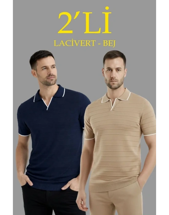 Erkek 2’li Paket Triko Yakalı Düğmesiz Açık Yaka Fitilli Kısa Kollu Regular Fit Tişört  acivert  Bej