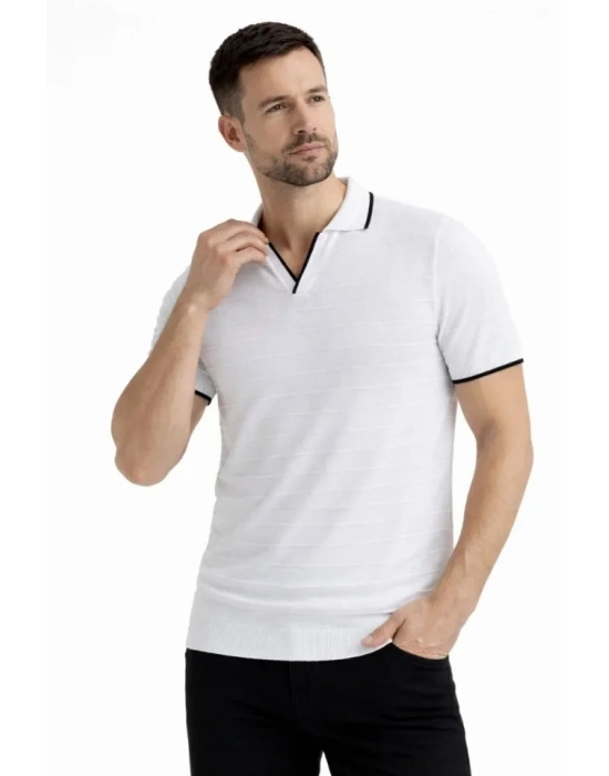 Erkek 2’li Paket Triko Yakalı Düğmesiz Açık Yaka Fitilli Kısa Kollu Regular Fit Tişört  Beyaz  int Yeşili