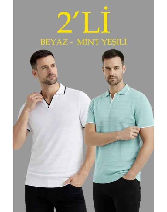 Erkek 2’li Paket Triko Yakalı Düğmesiz Açık Yaka Fitilli Kısa Kollu Regular Fit Tişört  Beyaz  int Yeşili