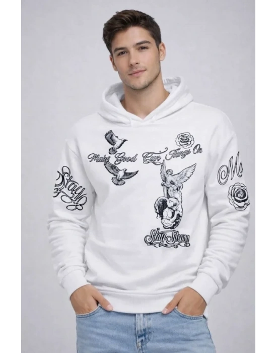 Erkek 3 İplik Pamuklu Kapüşonlu Baskılı weathirt Hoodie  Beyaz