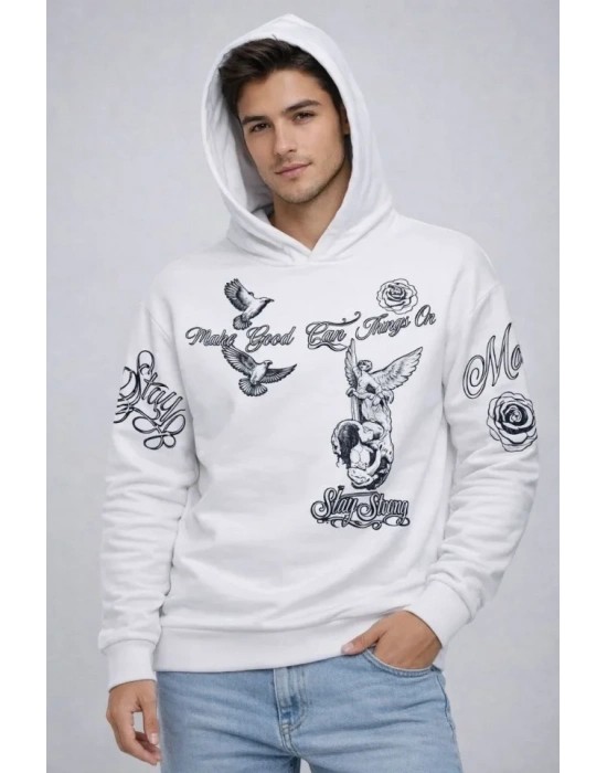 Erkek 3 İplik Pamuklu Kapüşonlu Baskılı weathirt Hoodie  Beyaz