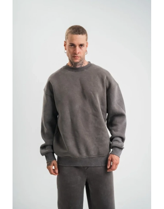 Erkek 3 İplik Pamuklu Yağ Yıkamalı weatshirt Double Oversize Bisiklet Yaka Uzun Kol  Füme