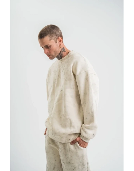 Erkek 3 İplik Pamuklu Yağ Yıkamalı weatshirt Double Oversize Bisiklet Yaka Uzun Kol  Krem