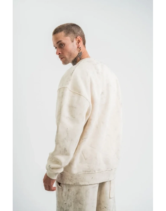 Erkek 3 İplik Pamuklu Yağ Yıkamalı weatshirt Double Oversize Bisiklet Yaka Uzun Kol  Krem