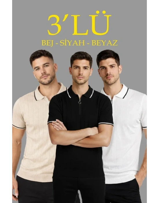 Erkek 3’lü Paket Dokuma Triko  Fermuarlı Yakalı Fitilli Kısa Kollu Regular Fit Tişört  Bej, Beyaz, iyah