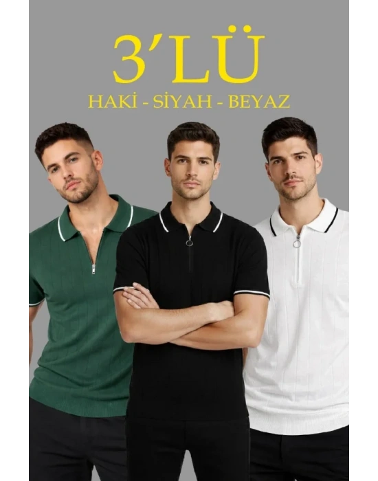 Erkek 3’lü Paket Dokuma Triko  Fermuarlı Yakalı Fitilli Kısa Kollu Regular Fit Tişört  Beyaz, Haki, iyah