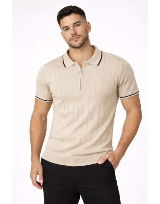 Erkek 3’lü Paket Dokuma Triko  Fermuarlı Yakalı Fitilli Kısa Kollu Regular Fit Tişört  Kahverengi, Beyaz, Bej