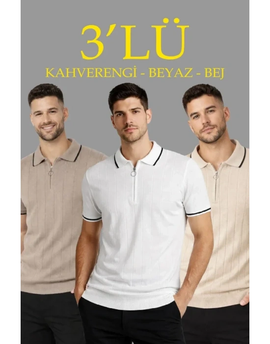 Erkek 3’lü Paket Dokuma Triko  Fermuarlı Yakalı Fitilli Kısa Kollu Regular Fit Tişört  Kahverengi, Beyaz, Bej