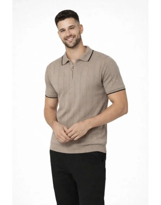 Erkek 3’lü Paket Dokuma Triko  Fermuarlı Yakalı Fitilli Kısa Kollu Regular Fit Tişört  Kahverengi, Beyaz, iyah