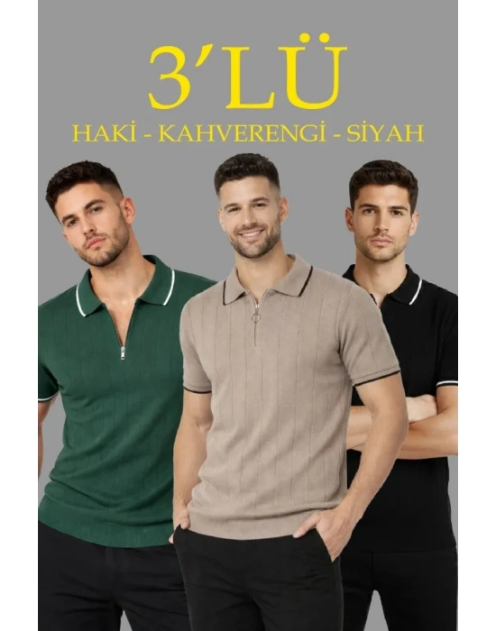 Erkek 3’lü Paket Dokuma Triko  Fermuarlı Yakalı Fitilli Kısa Kollu Regular Fit Tişört  Kahverengi, Haki, iyah