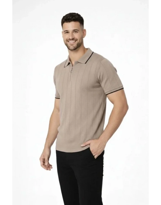 Erkek 3’lü Paket Dokuma Triko  Fermuarlı Yakalı Fitilli Kısa Kollu Regular Fit Tişört  Kahverengi, Haki, iyah