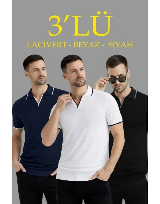 Erkek 3’lü Paket Triko Yakalı Düğmesiz Açık Yaka Fitilli Kısa Kollu Regular Fit Tişört