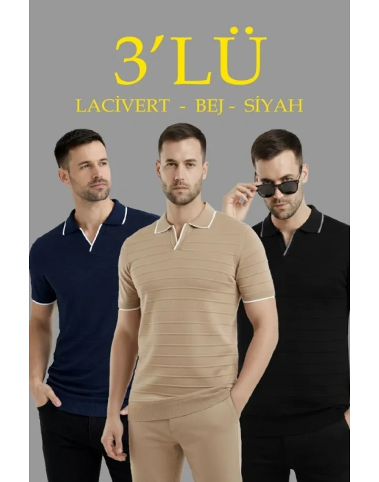 Erkek 3’lü Paket Triko Yakalı Düğmesiz Açık Yaka Fitilli Kısa Kollu Regular Fit Tişört  acivert, Bej, iyah