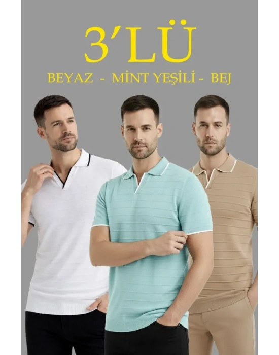 Erkek 3’lü Paket Triko Yakalı Düğmesiz Açık Yaka Fitilli Kısa Kollu Regular Fit Tişört  Bej, Beyaz, int Yeşili