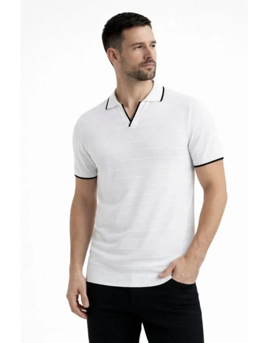 Erkek 3’lü Paket Triko Yakalı Düğmesiz Açık Yaka Fitilli Kısa Kollu Regular Fit Tişört  Bej, Beyaz, int Yeşili