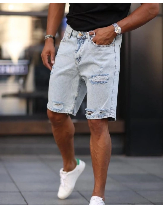 Erkek Açık Mavi Detaylı Kot Şort