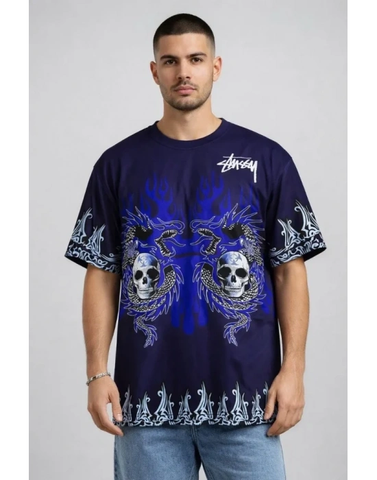 Erkek acivert Oversize Tişört Dragon  Kuru Kafa Baskılı Bisiklet Yaka treetwear Thirt  acivert