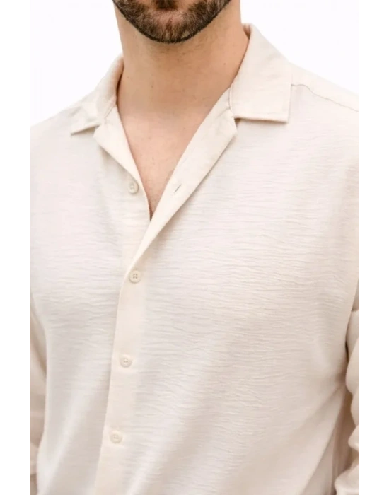 Erkek Aerobin Kumaş Oversize 4 evsim Uzun Kollu Rahat Kalıp Gömlek  Bej