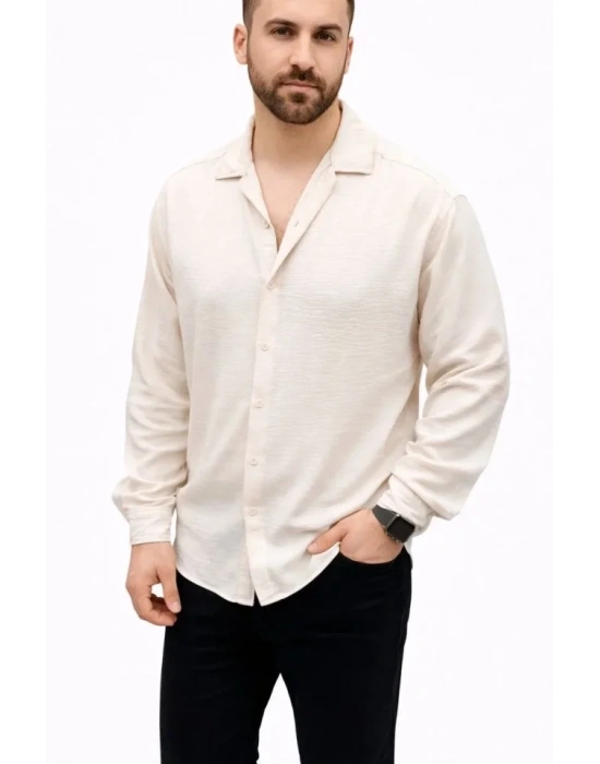 Erkek Aerobin Kumaş Oversize 4 evsim Uzun Kollu Rahat Kalıp Gömlek  Bej