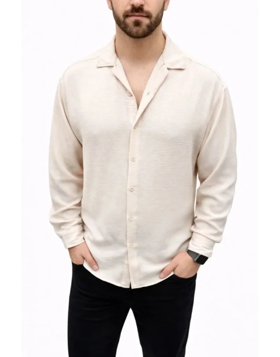 Erkek Aerobin Kumaş Oversize 4 evsim Uzun Kollu Rahat Kalıp Gömlek  Bej