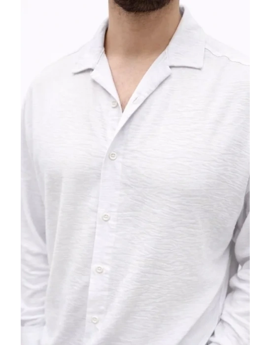 Erkek Aerobin Kumaş Oversize 4 evsim Uzun Kollu Rahat Kalıp Gömlek  Beyaz