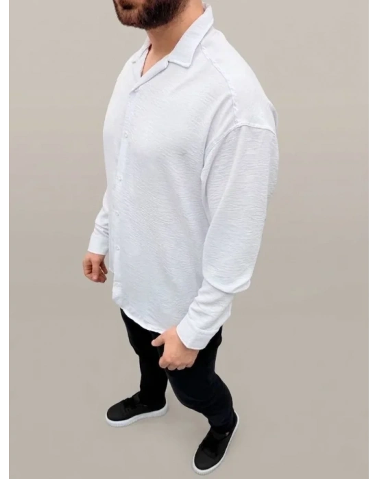 Erkek Aerobin Kumaş Oversize 4 evsim Uzun Kollu Rahat Kalıp Gömlek  Beyaz