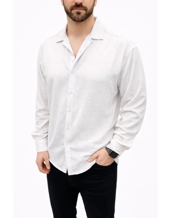Erkek Aerobin Kumaş Oversize 4 evsim Uzun Kollu Rahat Kalıp Gömlek  Beyaz
