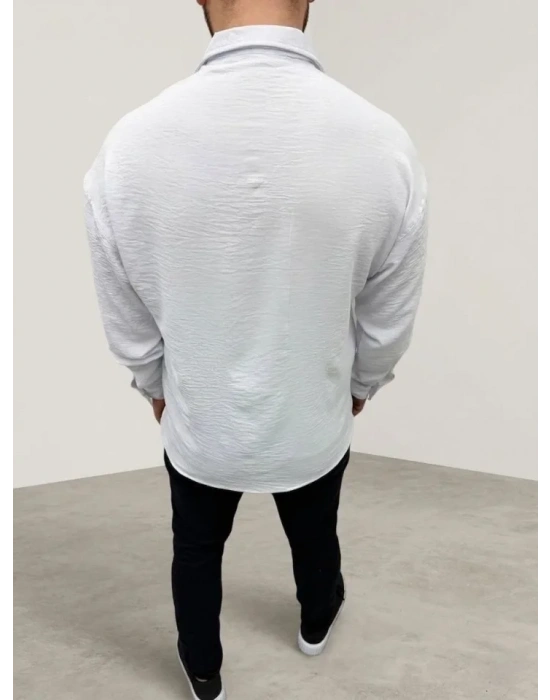 Erkek Aerobin Kumaş Oversize 4 evsim Uzun Kollu Rahat Kalıp Gömlek  Beyaz