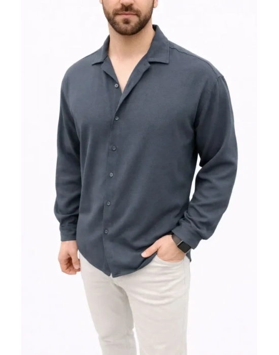 Erkek Aerobin Kumaş Oversize 4 evsim Uzun Kollu Rahat Kalıp Gömlek  Füme