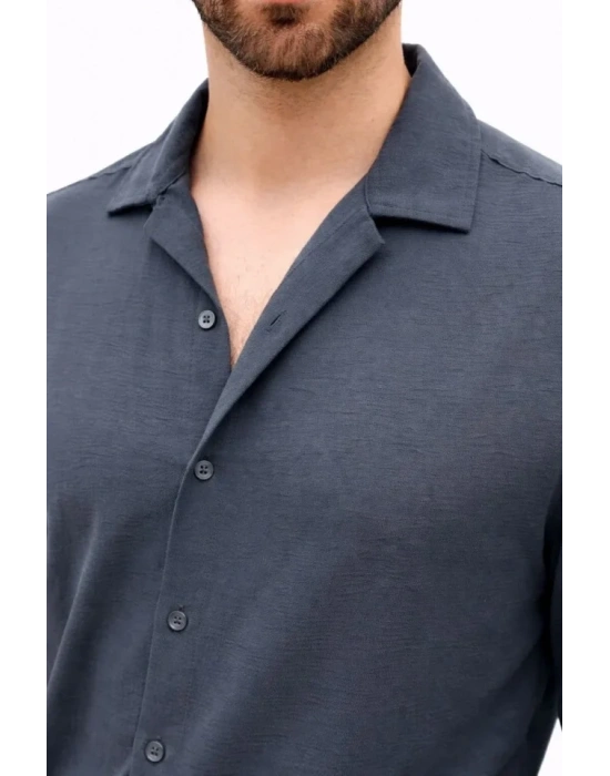 Erkek Aerobin Kumaş Oversize 4 evsim Uzun Kollu Rahat Kalıp Gömlek  Füme