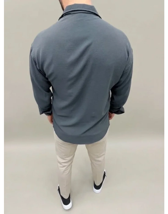Erkek Aerobin Kumaş Oversize 4 evsim Uzun Kollu Rahat Kalıp Gömlek  Füme