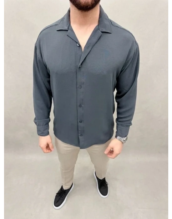 Erkek Aerobin Kumaş Oversize 4 evsim Uzun Kollu Rahat Kalıp Gömlek  Füme