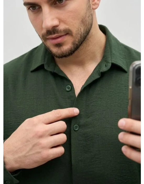 Erkek Aerobin Kumaş Oversize 4 evsim Uzun Kollu Rahat Kalıp Gömlek  Haki