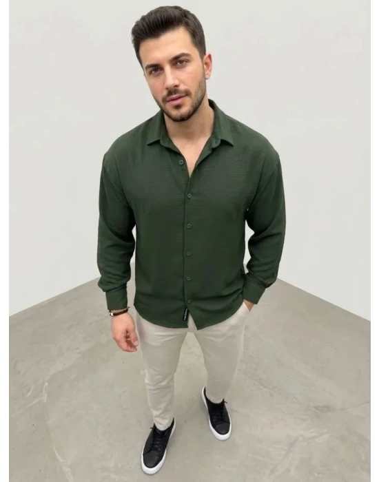 Erkek Aerobin Kumaş Oversize 4 evsim Uzun Kollu Rahat Kalıp Gömlek  Haki