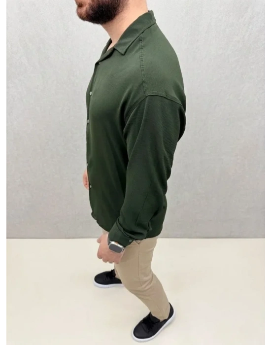 Erkek Aerobin Kumaş Oversize 4 evsim Uzun Kollu Rahat Kalıp Gömlek  Haki