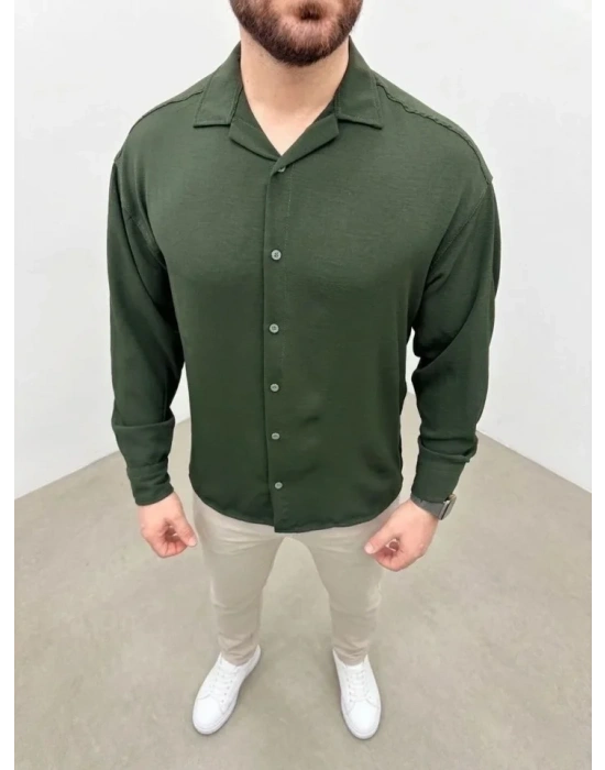 Erkek Aerobin Kumaş Oversize 4 evsim Uzun Kollu Rahat Kalıp Gömlek  Haki