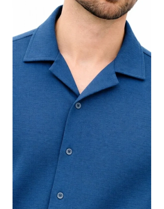 Erkek Aerobin Kumaş Oversize 4 evsim Uzun Kollu Rahat Kalıp Gömlek  İndigo