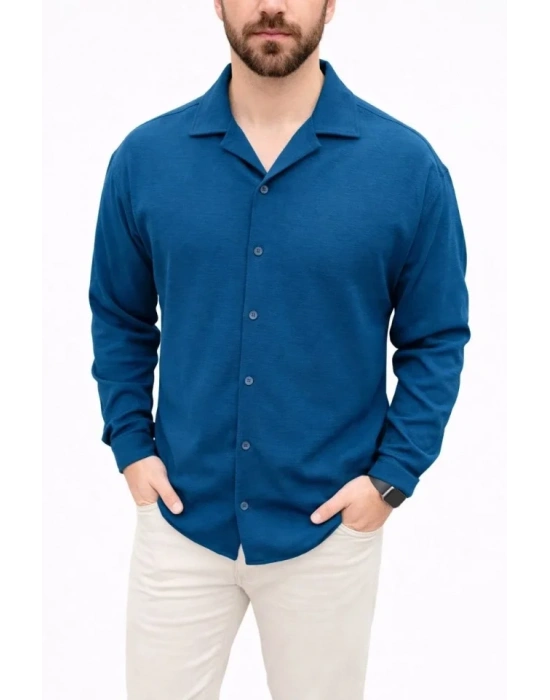 Erkek Aerobin Kumaş Oversize 4 evsim Uzun Kollu Rahat Kalıp Gömlek  İndigo