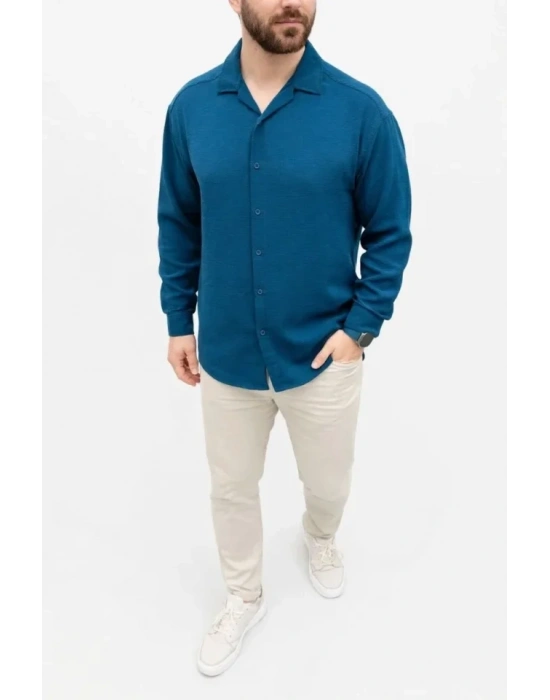 Erkek Aerobin Kumaş Oversize 4 evsim Uzun Kollu Rahat Kalıp Gömlek  İndigo